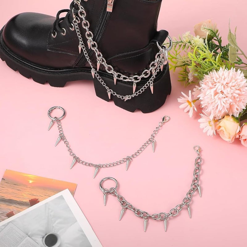 MBAIYO 4 Pcs Punk Boot Chains, Rivet Cone Spike Boot Charms, Silver Metal Shoe Chains Shoe Charms Decorations with Detachable Clasps for Booties Sandals Sneakers - Image 2