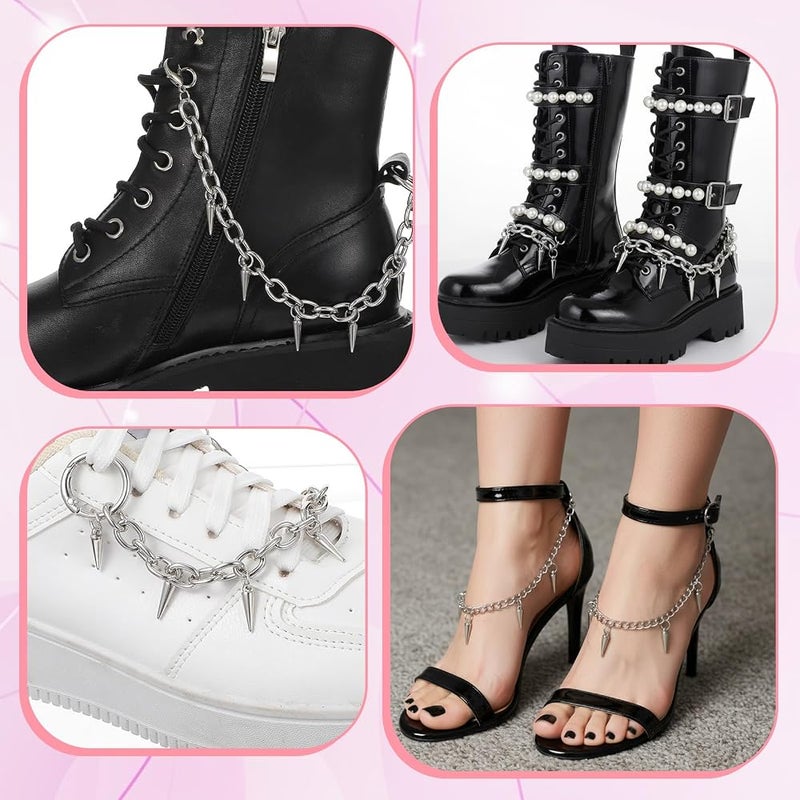 MBAIYO 4 Pcs Punk Boot Chains, Rivet Cone Spike Boot Charms, Silver Metal Shoe Chains Shoe Charms Decorations with Detachable Clasps for Booties Sandals Sneakers - Image 3