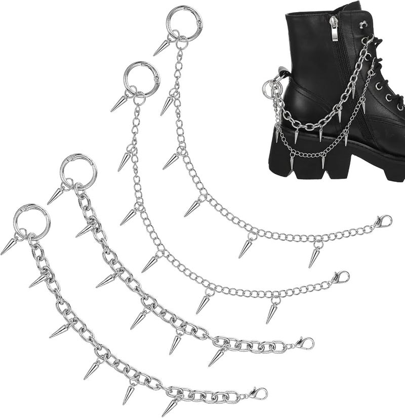 MBAIYO 4 Pcs Punk Boot Chains, Rivet Cone Spike Boot Charms, Silver Metal Shoe Chains Shoe Charms Decorations with Detachable Clasps for Booties Sandals Sneakers - Image 1