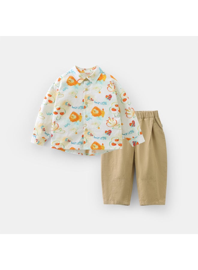 Boys' Shirt Set Children's Small Lapel Long-sleeve Shirt Autumn Floral Shirt Casual Two-piece Set - Image 5