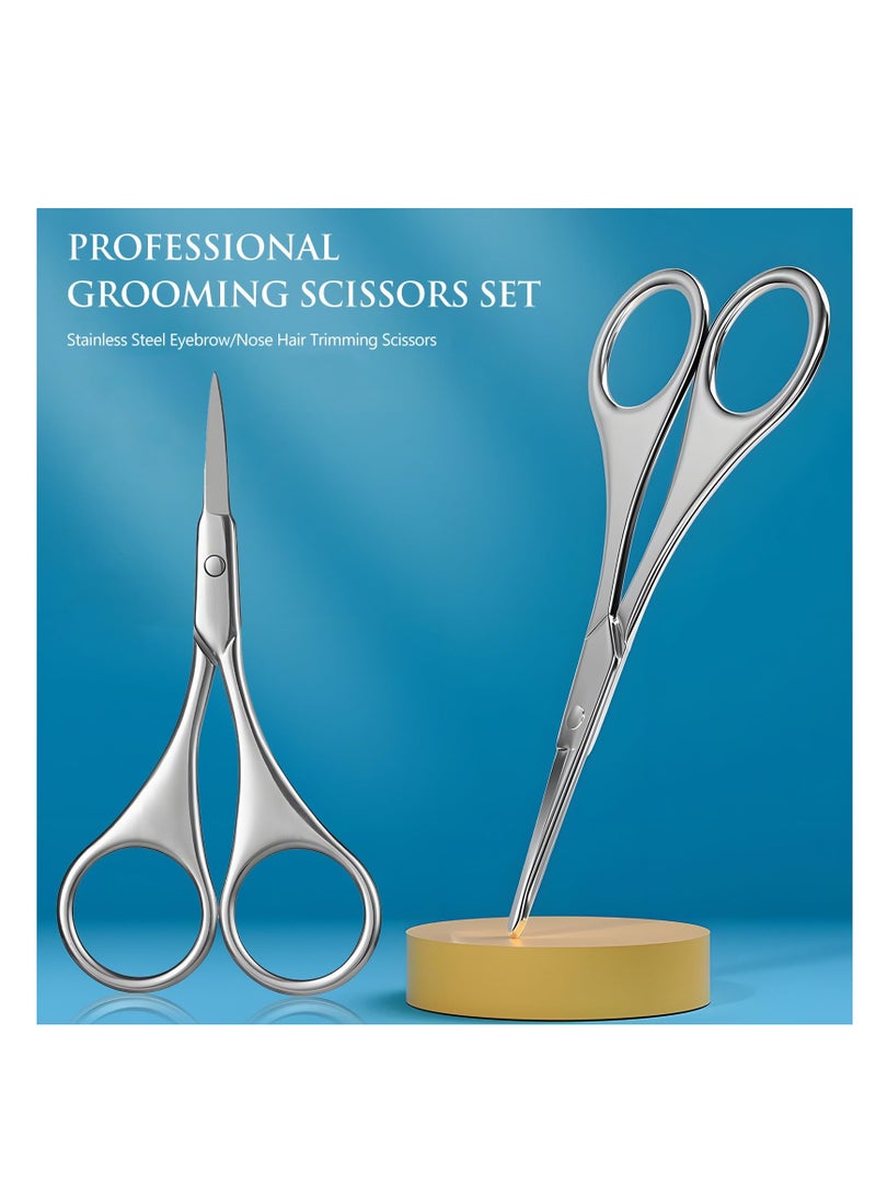 SYOSI 2Pcs Facial Hair Small Grooming Scissors For Men Women - Eyebrow, Nose Hair, Mustache, Beard, Eyelashes, Ear Trimming Kit - Curved and Rounded Safety Tip Clippers For Hair Cutting - Silver - Image 2