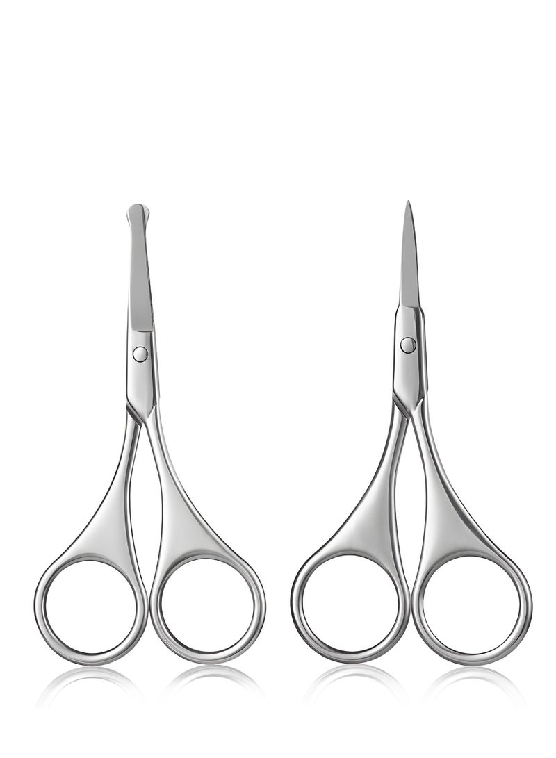 SYOSI 2Pcs Facial Hair Small Grooming Scissors For Men Women - Eyebrow, Nose Hair, Mustache, Beard, Eyelashes, Ear Trimming Kit - Curved and Rounded Safety Tip Clippers For Hair Cutting - Silver - Image 1