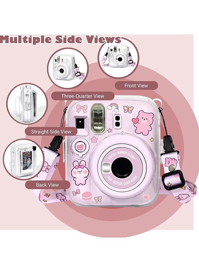 Wffo 3 Pack Clear Camera Case Compatible with Fujifilm Instax Mini 13 Instant Camera, Mini 12 Hard Case with Photo Pocket Holds on Back and Adjustable Shoulder Strap & Cute Camera Sticker (Pink) - Image 3