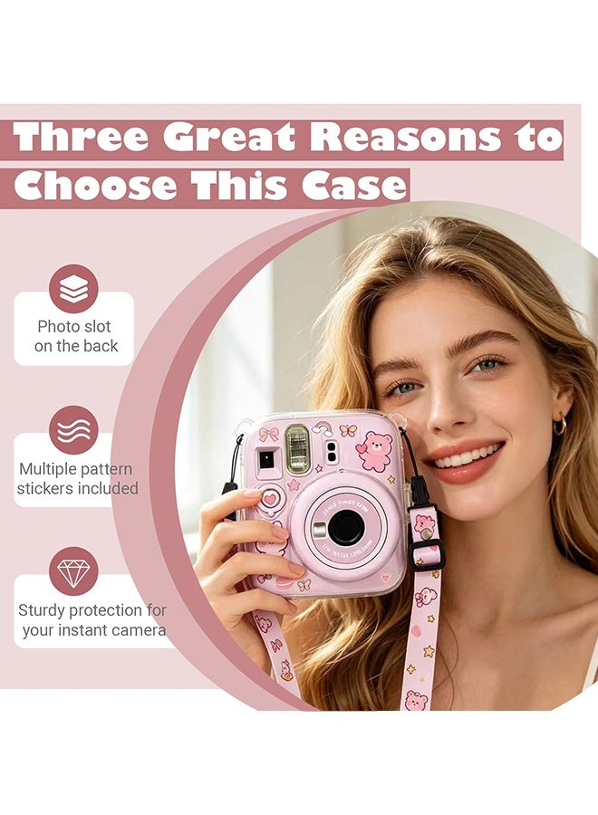 Wffo 3 Pack Clear Camera Case Compatible with Fujifilm Instax Mini 13 Instant Camera, Mini 12 Hard Case with Photo Pocket Holds on Back and Adjustable Shoulder Strap & Cute Camera Sticker (Pink) - Image 5