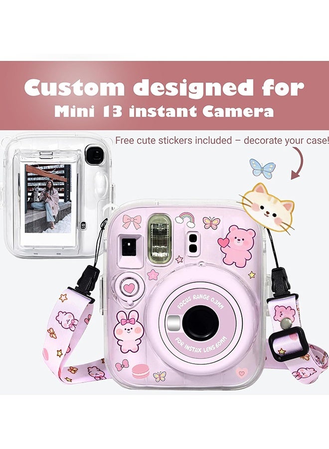 Wffo 3 Pack Clear Camera Case Compatible with Fujifilm Instax Mini 13 Instant Camera, Mini 12 Hard Case with Photo Pocket Holds on Back and Adjustable Shoulder Strap & Cute Camera Sticker (Pink) - Image 4