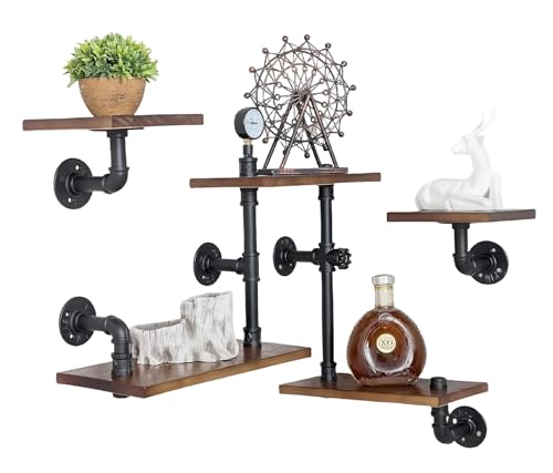 BIXIRAO Industrial Rustic Modern Wood Ladder Pipe Wall Mounted Floating Shelves  Set of 3 BookshelfDIY Storage ShelvingHung BracketBookcase Set of 3 Ladder Shelves
