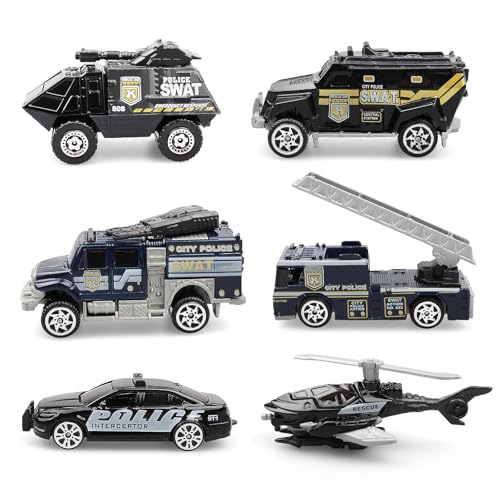 AtomDream Tech 6 Pack Diecast Police Car Toy Set Mini Alloy Police Vehicles for Boys Ages 37 Includes Armored Car Rescue Truck Bulletproof SUV Military Helicopter Birthday Gift for Kids - Image 1