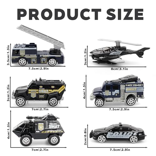 AtomDream Tech 6 Pack Diecast Police Car Toy Set Mini Alloy Police Vehicles for Boys Ages 37 Includes Armored Car Rescue Truck Bulletproof SUV Military Helicopter Birthday Gift for Kids - Image 5