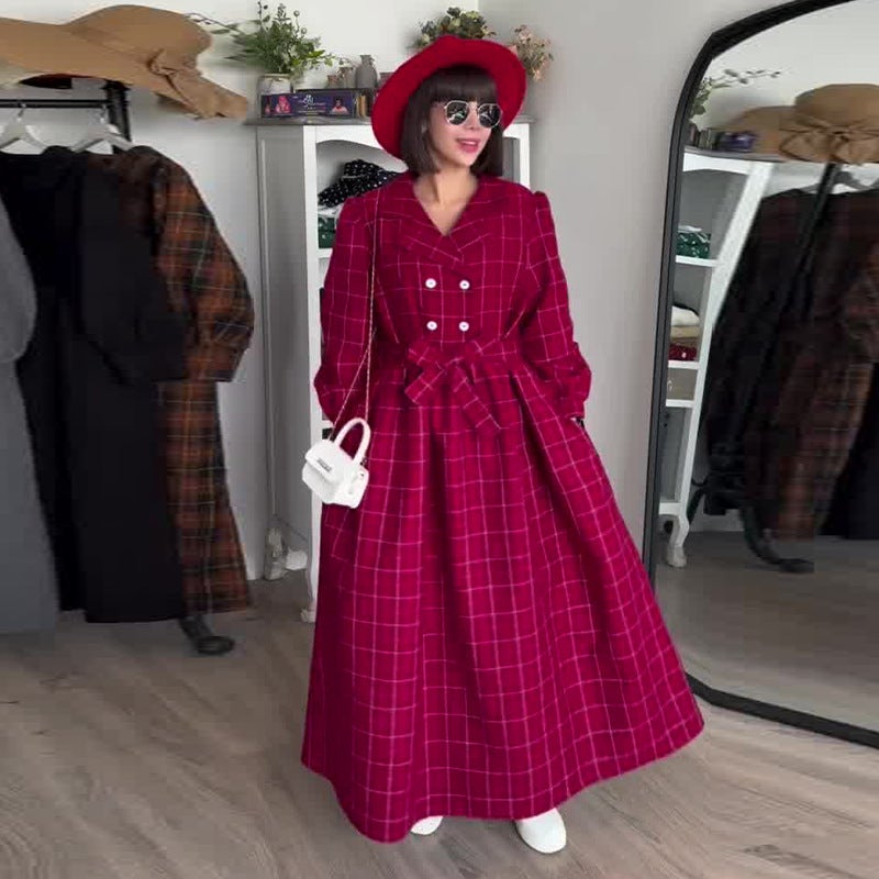 Autumn Export Women'S Plaid Waist Red Long-Sleeved Elegant Dress - Image 1