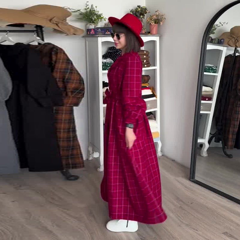 Autumn Export Women'S Plaid Waist Red Long-Sleeved Elegant Dress - Image 4