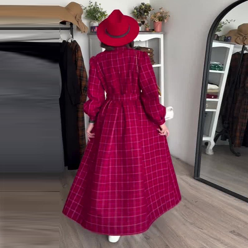 Autumn Export Women'S Plaid Waist Red Long-Sleeved Elegant Dress - Image 5
