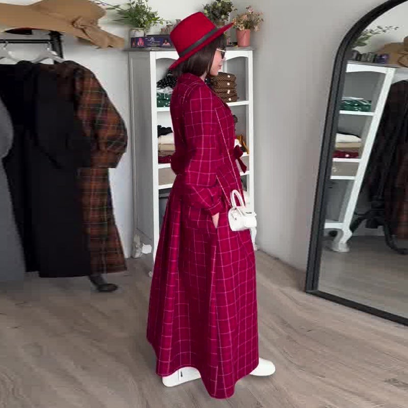 Autumn Export Women'S Plaid Waist Red Long-Sleeved Elegant Dress - Image 3