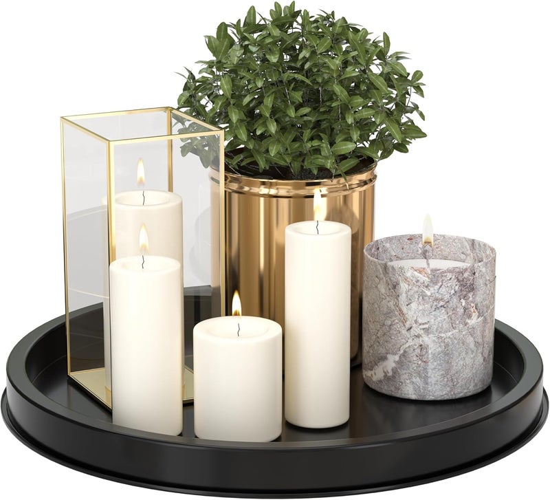 HGF Decorative Tray for Coffee Table, 13 Inch Metal Iron Round Serving Trays for Kitchen Sink Counter Organizer Dining Centerpiece Table for Display Candle Vase, Black Round Tray for Bathroom Decor - Image 1
