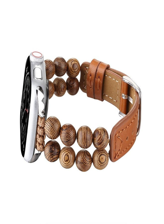 Wingoden Slim Bands Compatible with Apple Watch Bands 38mm 40mm 41mm 42mm for Women Men, Genuine Leather Natural Wood Beads Thin Wristband Replacement Strap for iWatch Band Series 10 9 8 7 6 5 4 3 2 1 SE Ultra 2, Light Brown - Image 1