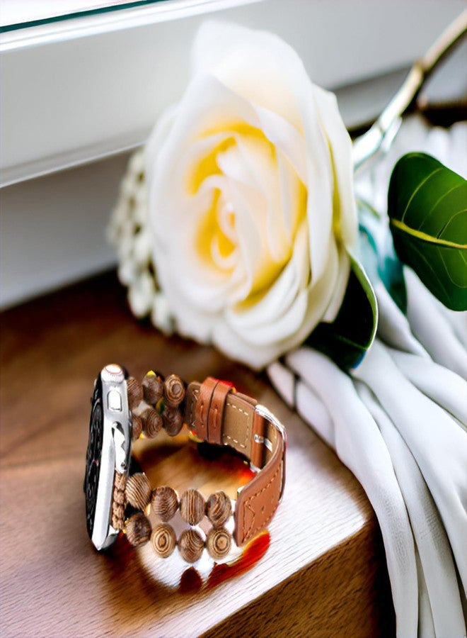 Wingoden Slim Bands Compatible with Apple Watch Bands 38mm 40mm 41mm 42mm for Women Men, Genuine Leather Natural Wood Beads Thin Wristband Replacement Strap for iWatch Band Series 10 9 8 7 6 5 4 3 2 1 SE Ultra 2, Light Brown - Image 4