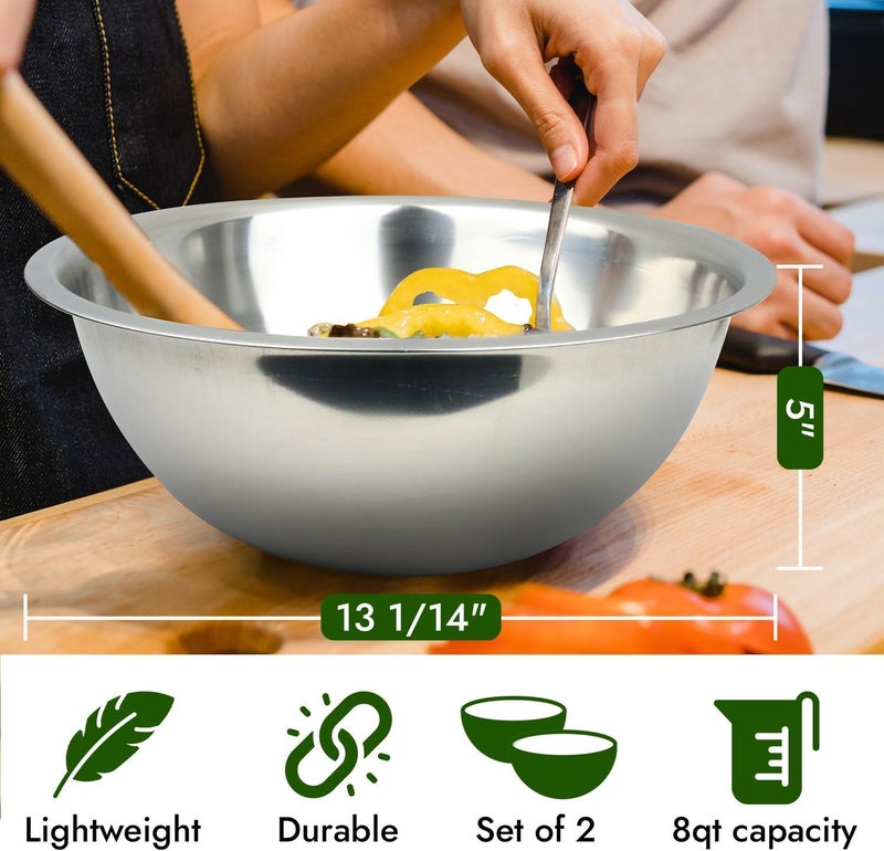 Great Credentials 8 Quart Set of 2 Mixing Bowls Stainless Steel Professional Chef Commercial Kitchen 1325 Inches Diameter Flat Base - Image 2
