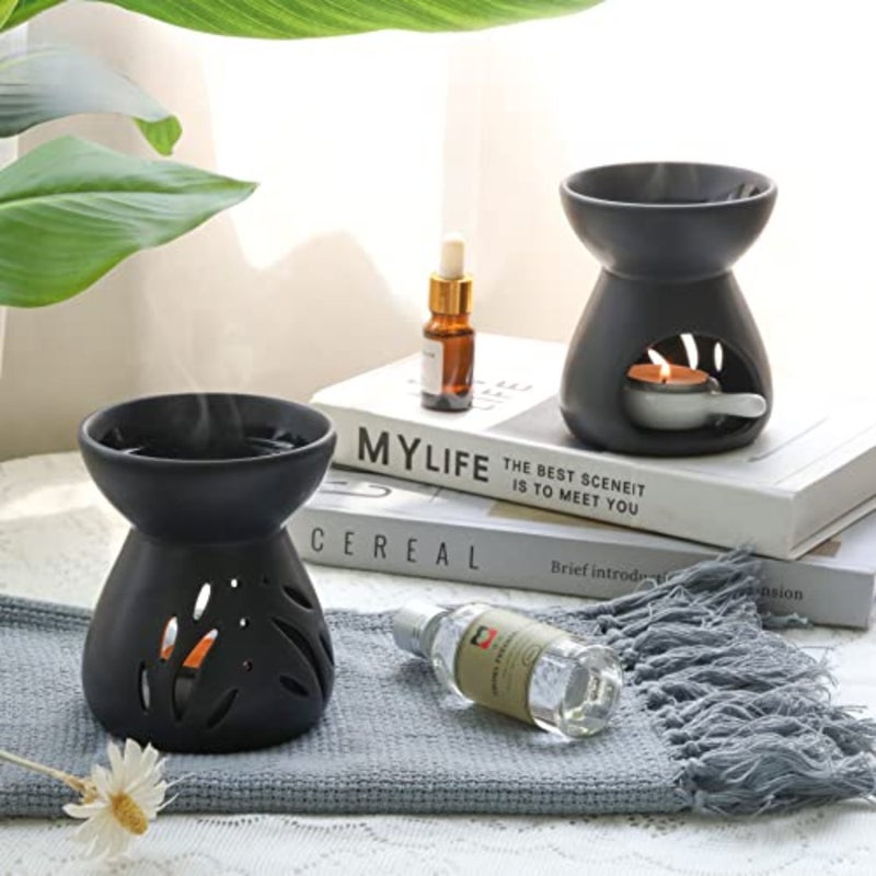 Ceramic Oil Diffuser Set of 2 Black Aroma Diffuser Burner with Candle Tray, Compatible with Candles for Aromatherapy Lovers Candle Lovers, Home Decor Enthusiasts Bedroom Majlis Gift - Image 3