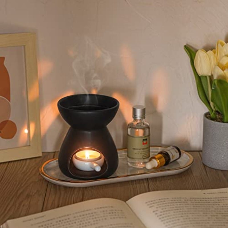 Ceramic Oil Diffuser Set of 2 Black Aroma Diffuser Burner with Candle Tray, Compatible with Candles for Aromatherapy Lovers Candle Lovers, Home Decor Enthusiasts Bedroom Majlis Gift - Image 2