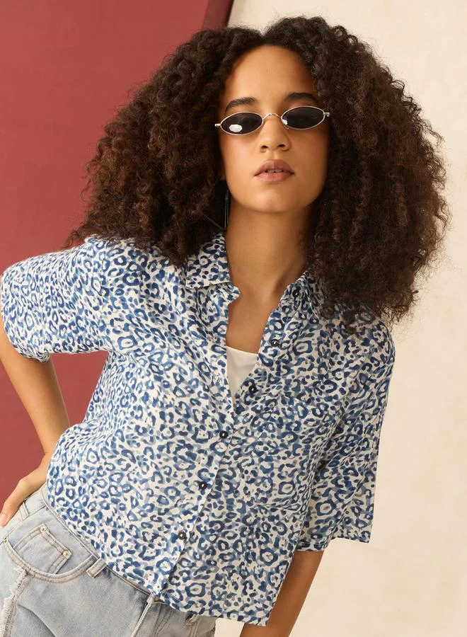 Outzidr  Blue All Over Print Crop Shirt for Women | Best Price UAE