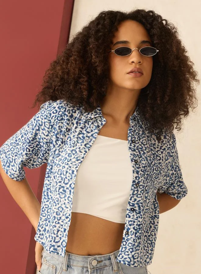 Outzidr  Blue All Over Print Crop Shirt for Women | Best Price UAE