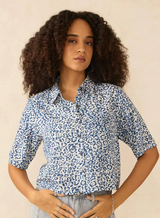 Outzidr  Blue All Over Print Crop Shirt for Women | Best Price UAE