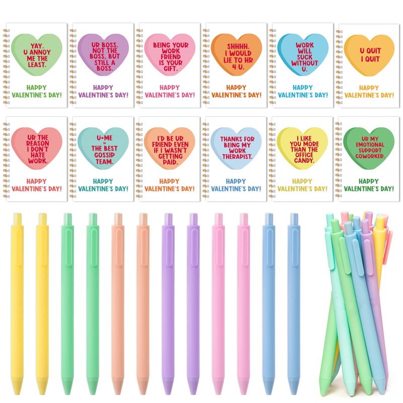 CPicdn Valentineâ€™s Day Coworker Gifts - 12 Set Valentines Conversation Heart Mini Notebooks with Ballpoint Pens, Funny A6 Spiral Notebook Notepads Coworker Appreciation Gifts Bulk Office Supplies - Image 1