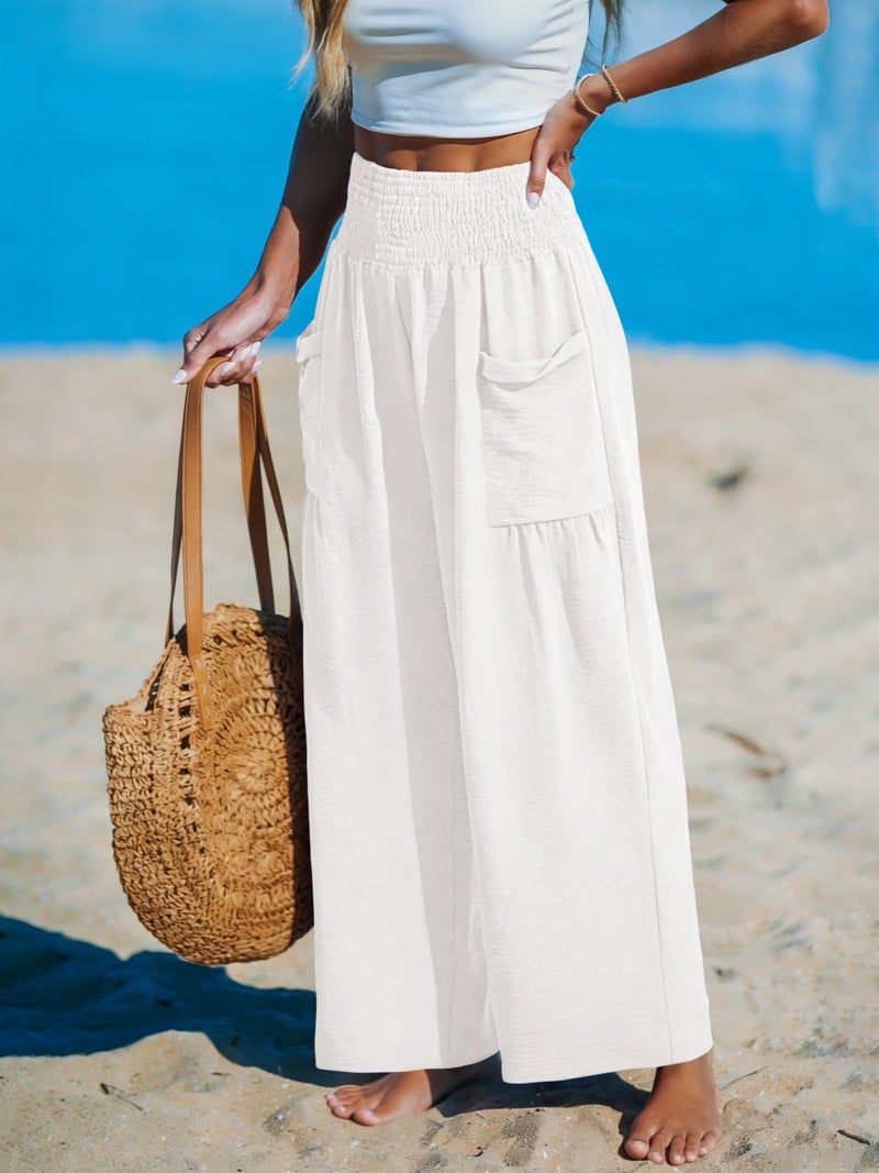 NIMIN Women Palazzo Pants Wide Leg High Waisted Pants White 2026 Summer Flowy Beach Vacation Travel Outfits with Pockets - Image 4