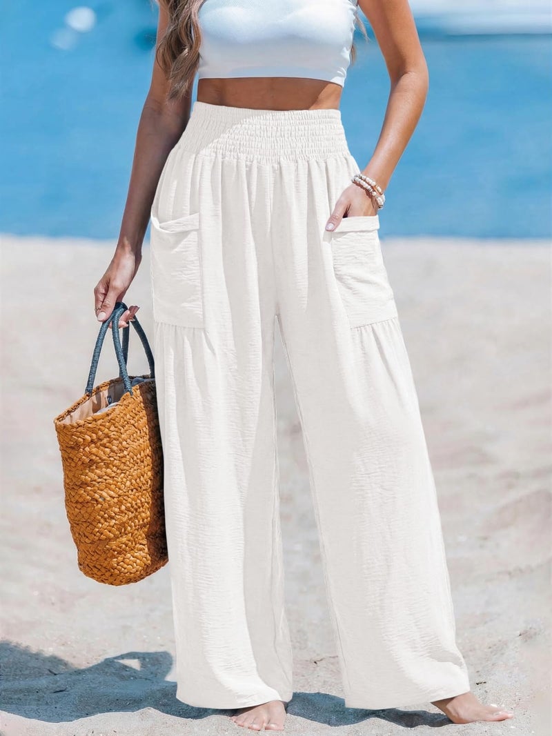 NIMIN Women Palazzo Pants Wide Leg High Waisted Pants White 2026 Summer Flowy Beach Vacation Travel Outfits with Pockets - Image 3