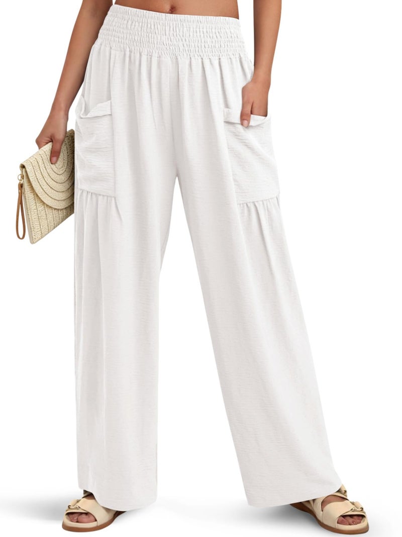 NIMIN Women Palazzo Pants Wide Leg High Waisted Pants White 2026 Summer Flowy Beach Vacation Travel Outfits with Pockets - Image 1