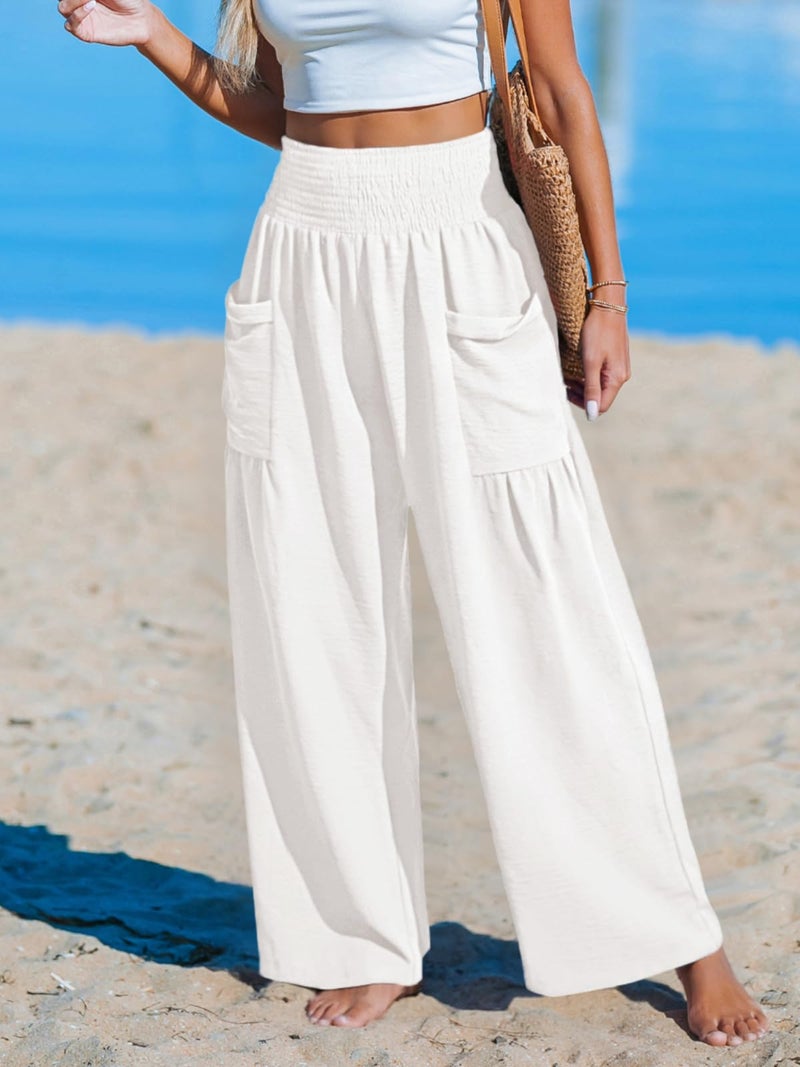 NIMIN Women Palazzo Pants Wide Leg High Waisted Pants White 2026 Summer Flowy Beach Vacation Travel Outfits with Pockets - Image 2