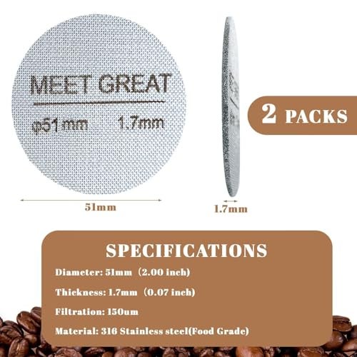 Meet Great- 2 Packs 51mm Espresso Puck Screen, 1.7mm Thickness 150μm 316L Stainless Steel, Upgraded Reusable Coffee Filter Screen for 51mm Breville Portafilter Filter Basket - Image 2
