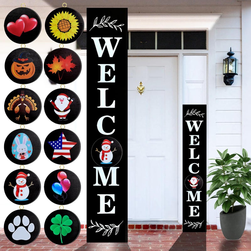 Consevisen Welcome Sign for Front Door Porch Standing, Interchangeable 47 x 7.9 Inch Outdoor Vertical Wooden Welcome Sign with 12 Seasonal Icons for Spring Fall Christmas Easter Farmhouse Home Decor - Image 1