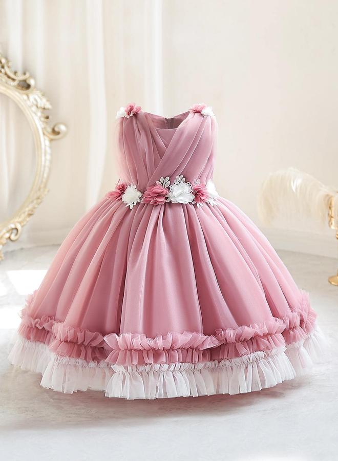 Take Two Girls Ruffle Hem Floral Detail Bow Party Dress - Image 1