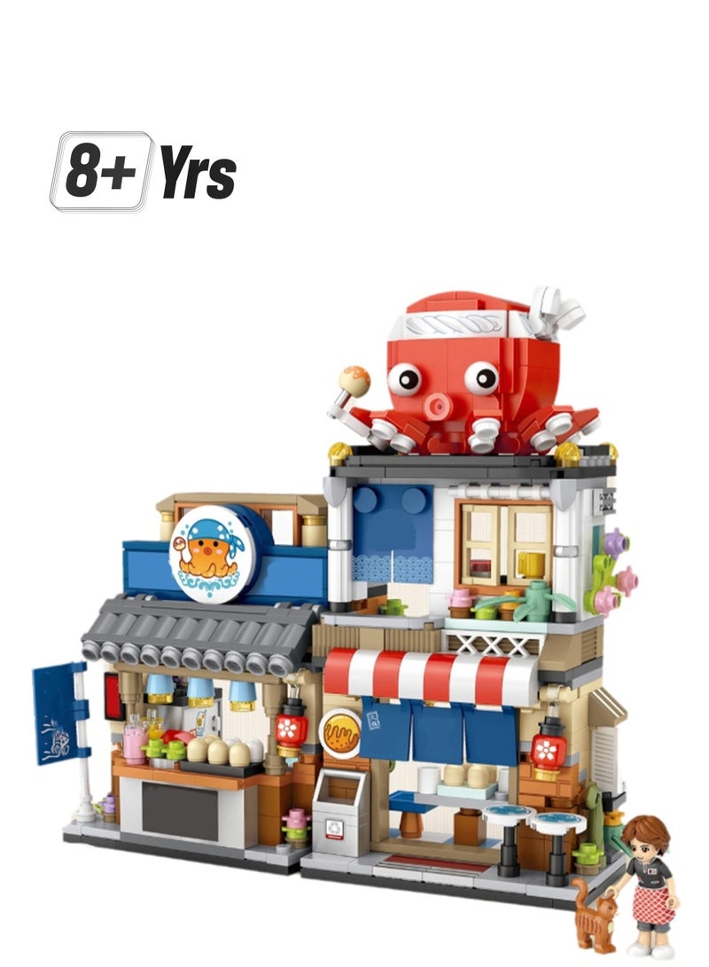 Loquat Mini Foldable Takoyaki Shop 722pcs, Japanese Street Scene Set Building Block Toys Children'S Educational Assembly Model Gift - Image 1