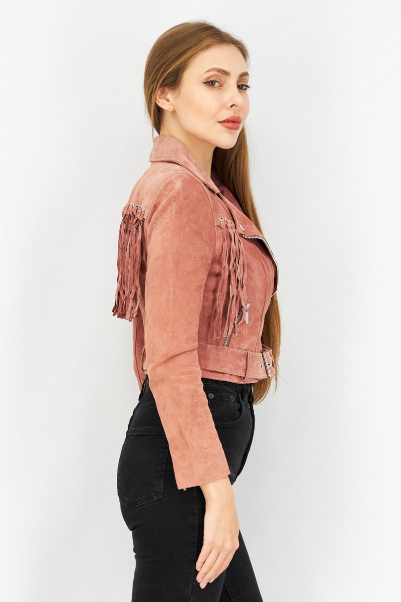 VERO MODA Women Solid Leather Cropped Jacket, Old Rose  - Image 3