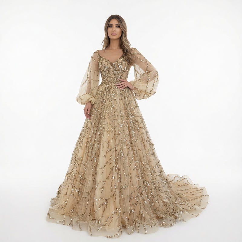 فستان سهرة فاخر مزين بالخرز طويل رسمي للحفلات - Image 1