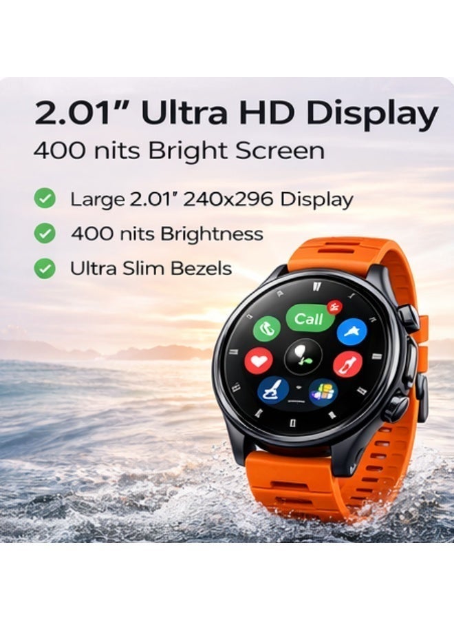 ساعة Z7 Ultra الذكية، مزودة بتقنية بلوتوث للمكالمات ونظام تحديد المواقع العالمي (GPS) ومتتبع اللياقة البدنية وأكثر من 120 وضعًا رياضيًا، بالإضافة إلى قياس معدل ضربات القلب ومقاومة الماء بمعيار IP67، متوافقة مع نظامي أندرويد وiOS، بسوار برتقالي. - Image 5