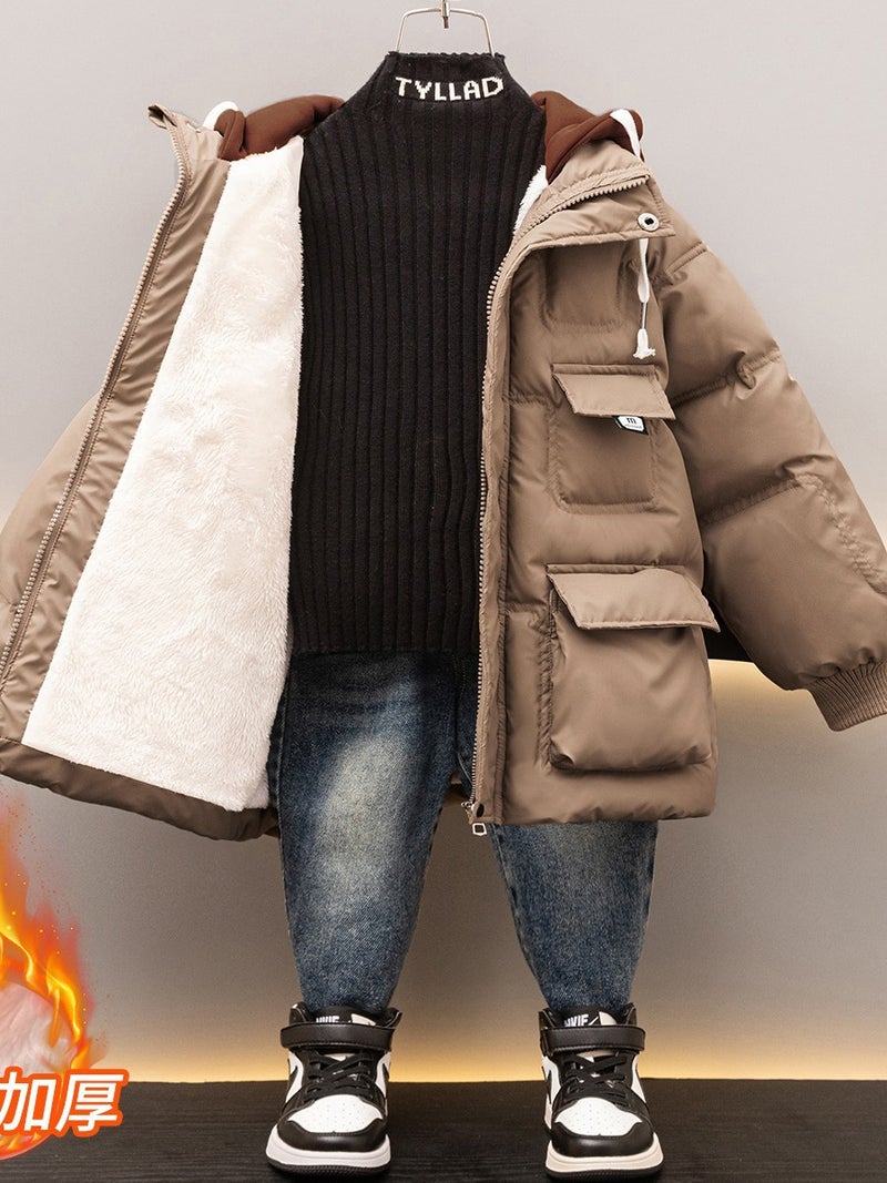 Boys' Winter Cotton-Padded Jacket With Fleece Lining, Thickened And Warm, No-Wash Winter Coat 2023, Fashionable Children'S Cold-Proof Down Cotton Jacket - Image 4