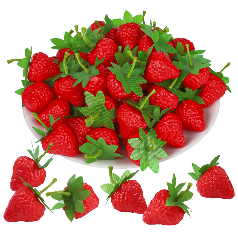 Maniaacer 50 PCS Artificial Red Strawberries Fake Plastic Strawberry Faux Realistic Strawberry Decor Lifelike Decorative Red Strawberries for Home Kitchen Festival Party Photography Cake Decoration - Image 1