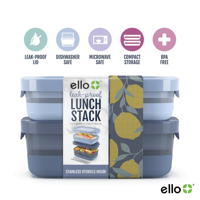 Ello 2-Pack Lunch Stack Plastic Food Storage Container Bento Box with Airtight, Leak-Proof Locking Plastic Lids and Silicone Base, BPA-Free, Freezer, Microwave, and Dishwasher Safe, Blueberry - Image 2