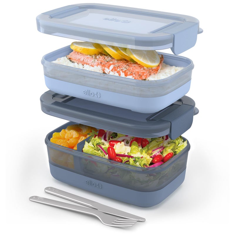 Ello 2-Pack Lunch Stack Plastic Food Storage Container Bento Box with Airtight, Leak-Proof Locking Plastic Lids and Silicone Base, BPA-Free, Freezer, Microwave, and Dishwasher Safe, Blueberry - Image 1