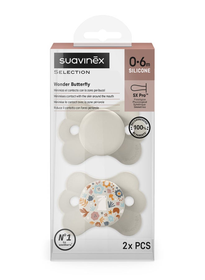 SUAVINEX سكس برو مصاصة بيبي على شكل فراشة فائقة النعومة للأطفال من 0-6 أشهر بحلمة سيليكونية حلمة فسيولوجية آمنة للطفل عبوة من 2 - بيج - Image 2