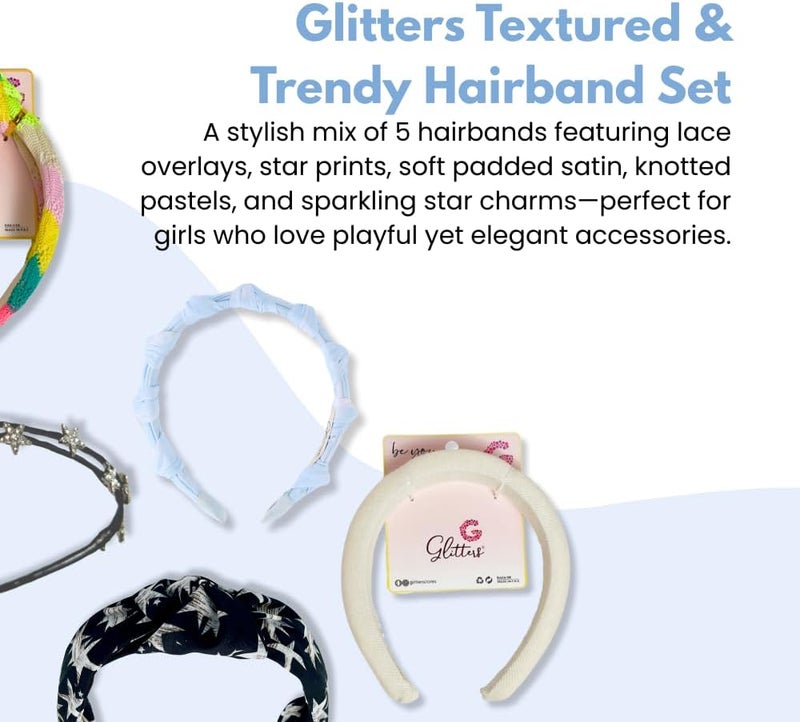 Glitters مجموعة أشرطة رأس فاخرة من غليترز - 5 قطع من إكسسوارات الشعر المنقوشة مع الدانتيل والنجوم والكريستالات - Image 2