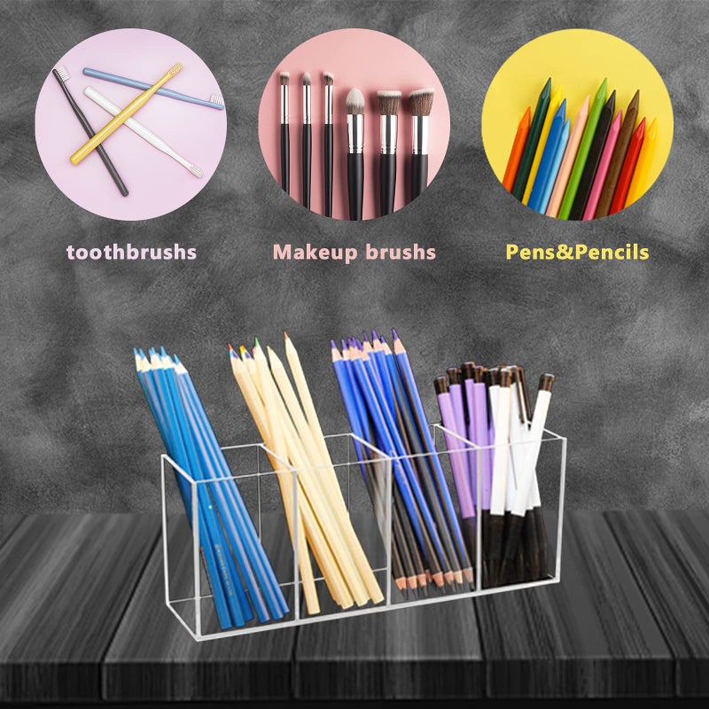 QPEY Large Acrylic Pen Holder 4 Compartments,Clear Pen Holder Organizer Makeup Brush Holder for Office Desk Accessories,Cosmetic Brush Storage Box,Dorm,Bathroom,Kitchen (Clear) - Image 4