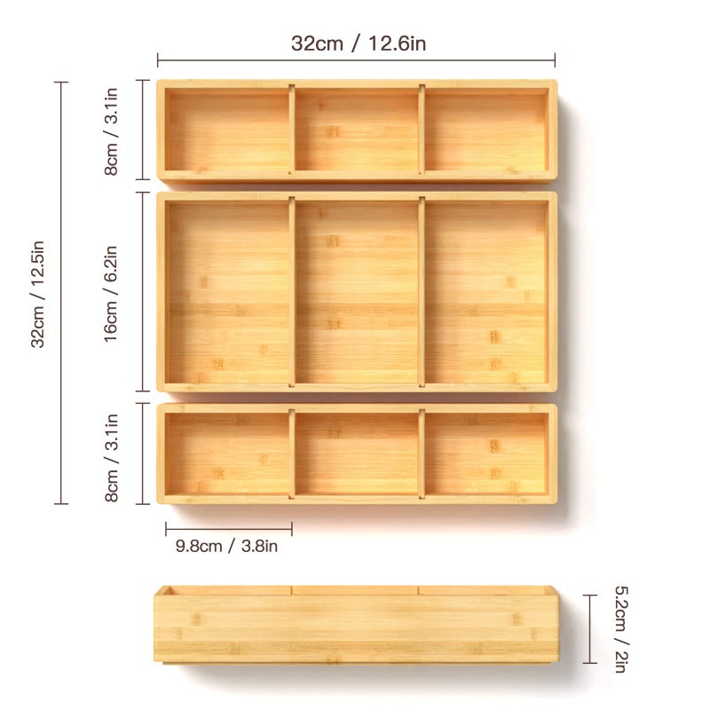 DUJEN Bamboo Drawer Organizer 12.5'' X 12.5'' X 2'', Adjustable 3 Individual Junk Drawer organizer for Bathroom and Kitchen, Wood Drawer Tea Organier Boxes for Silverware, Make up and Tea Bag - Image 2