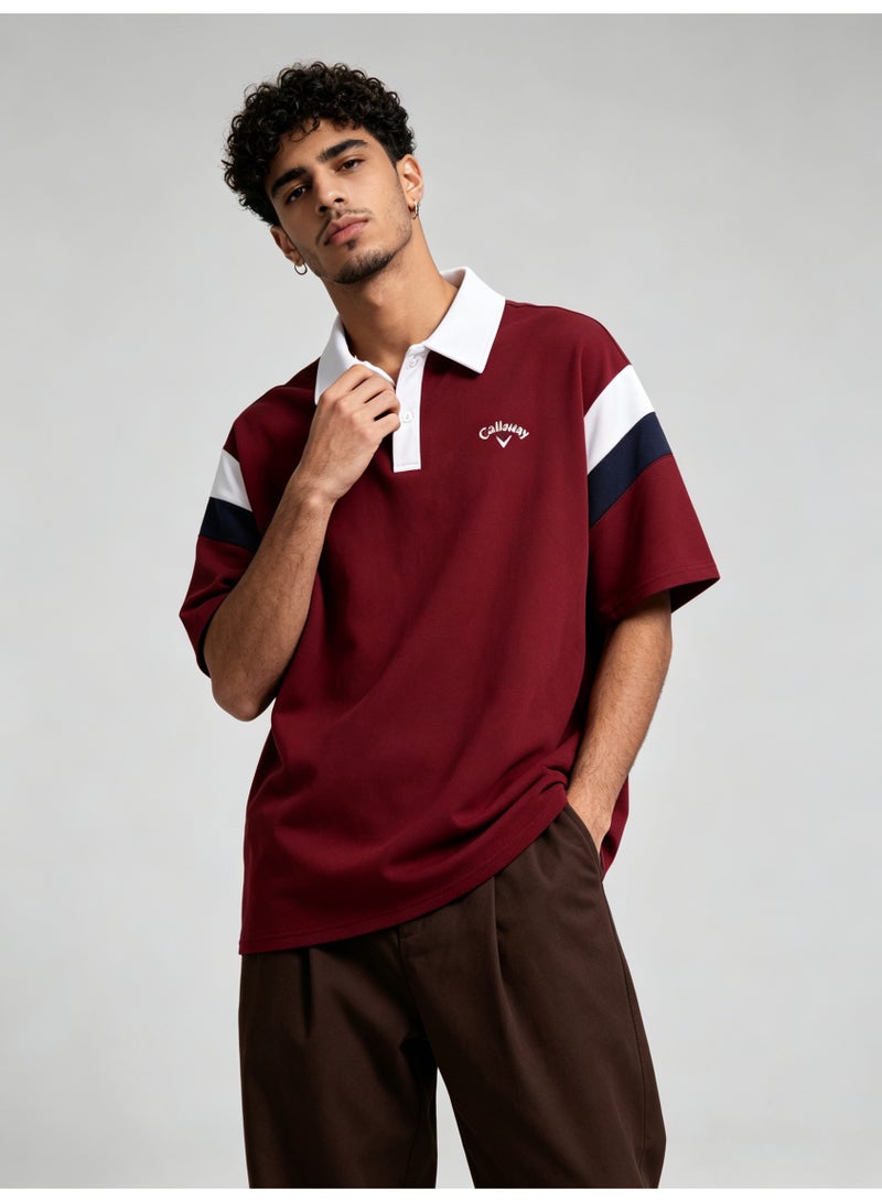 Callaway American retro stitching shoulder five-point Polo shirt with contrasting sleeves loose plus size men's casual golf T-shirt - Image 1