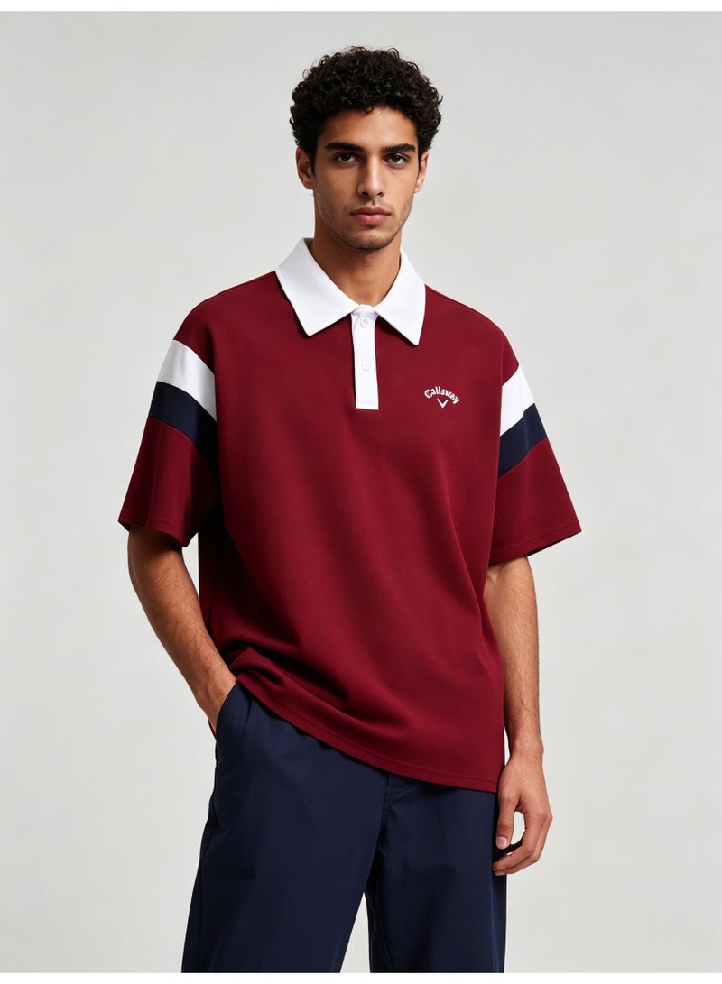 Callaway American retro stitching shoulder five-point Polo shirt with contrasting sleeves loose plus size men's casual golf T-shirt - Image 3