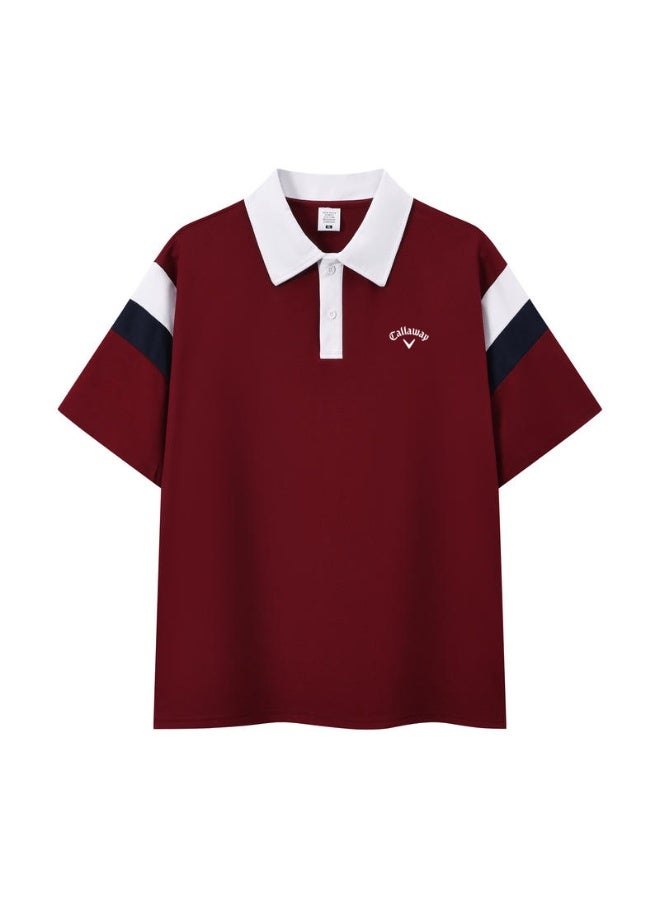 Callaway American retro stitching shoulder five-point Polo shirt with contrasting sleeves loose plus size men's casual golf T-shirt - Image 2
