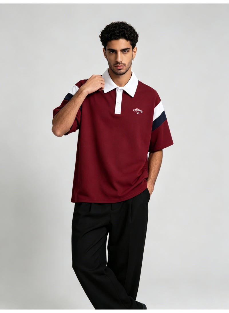 Callaway American retro stitching shoulder five-point Polo shirt with contrasting sleeves loose plus size men's casual golf T-shirt - Image 5