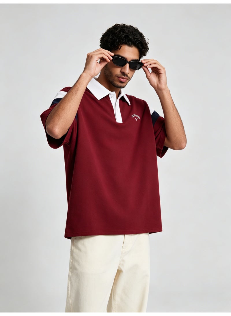 Callaway American retro stitching shoulder five-point Polo shirt with contrasting sleeves loose plus size men's casual golf T-shirt - Image 4